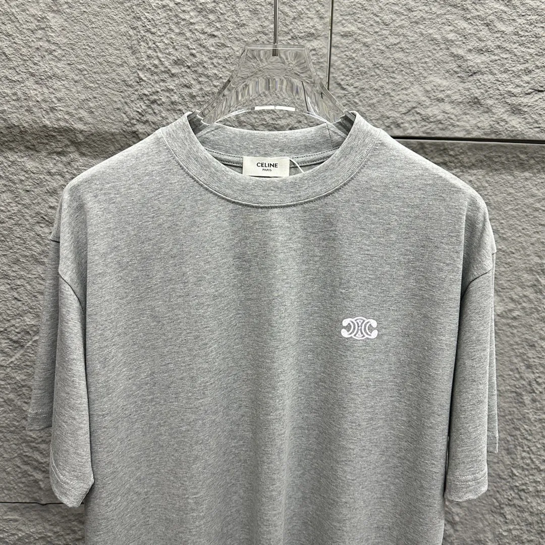 🅿️180 Celi* Celi Celin 2025 Spring and Summer Style Simple letter small embroidery personalized logo Customized double yarn plain cotton fabric Short-sleeved T-shirt Uniform for men and women Color: Black White Angora Red Floral Gray Size: S (90-130 catties) M (120-150 catties) L (140-165 catties) XL (160-180 pounds) XXL (180-210 pounds)