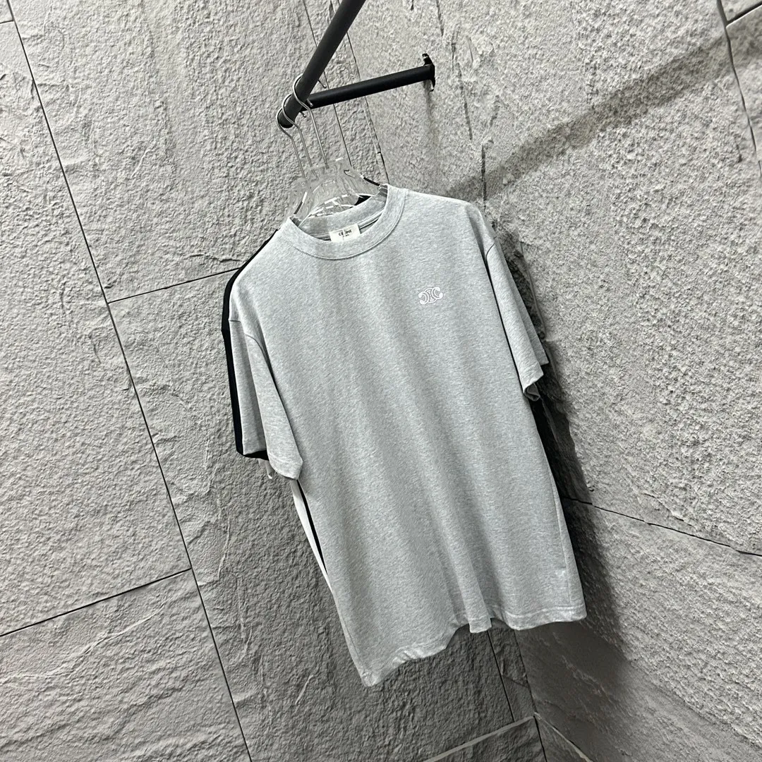 🅿️180 Celi* Celi Celin 2025 Spring and Summer Style Simple letter small embroidery personalized logo Customized double yarn plain cotton fabric Short-sleeved T-shirt Uniform for men and women Color: Black White Angora Red Floral Gray Size: S (90-130 catties) M (120-150 catties) L (140-165 catties) XL (160-180 pounds) XXL (180-210 pounds)