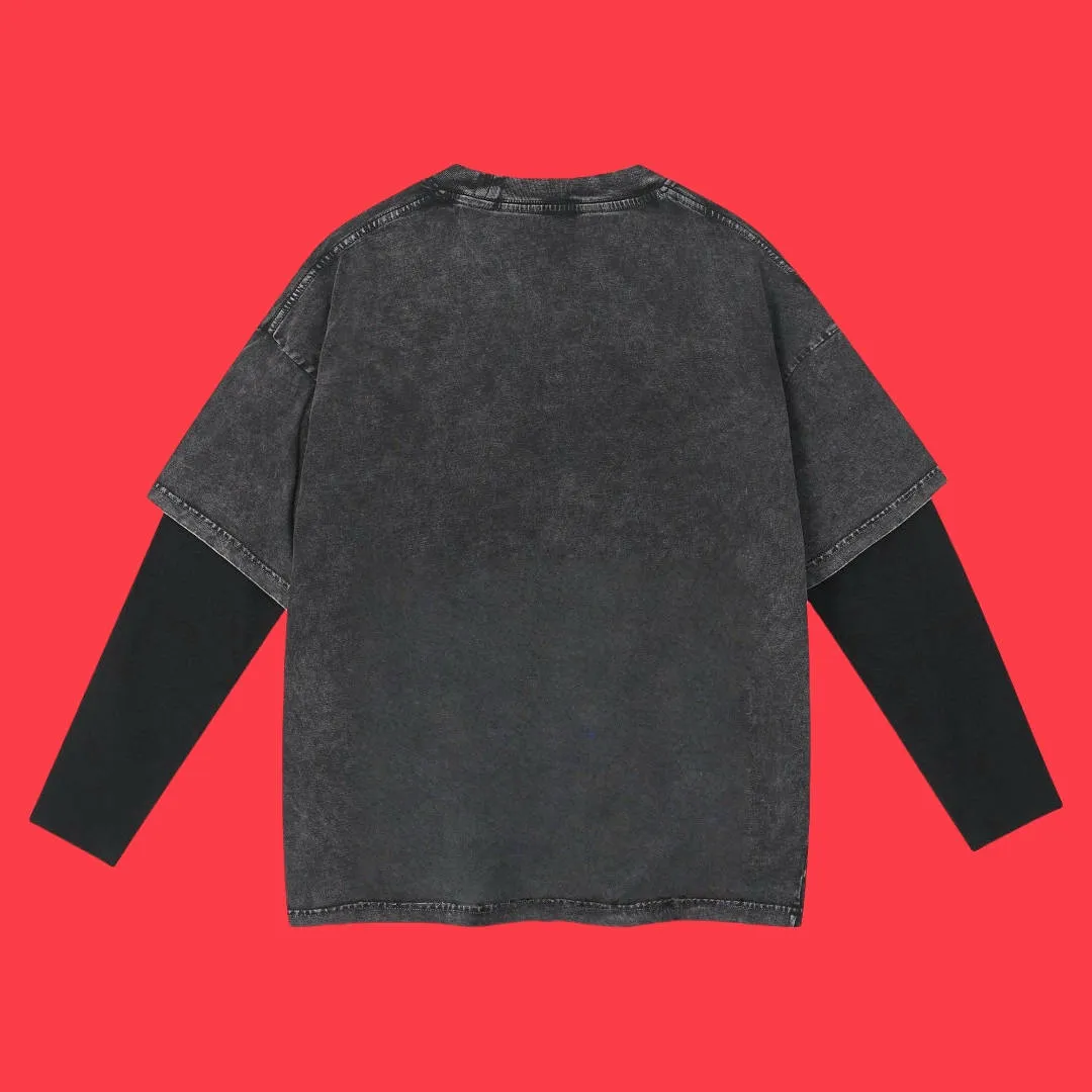 🅿️240 (cooperation profit) High-end quality CELINE 2025SS spring and summer wear fake two-piece washed snowflake series Arc de Triomphe fake two-piece long T-shirt Adopt imported Kornit digital direct-injection printing High-quality trendy brand 100% cotton washed 260G fabric dyed ready-made garments dyed ➕washed fried snowflake OS loose off-shoulder version Unisex size: S.M.L.XL.2XL