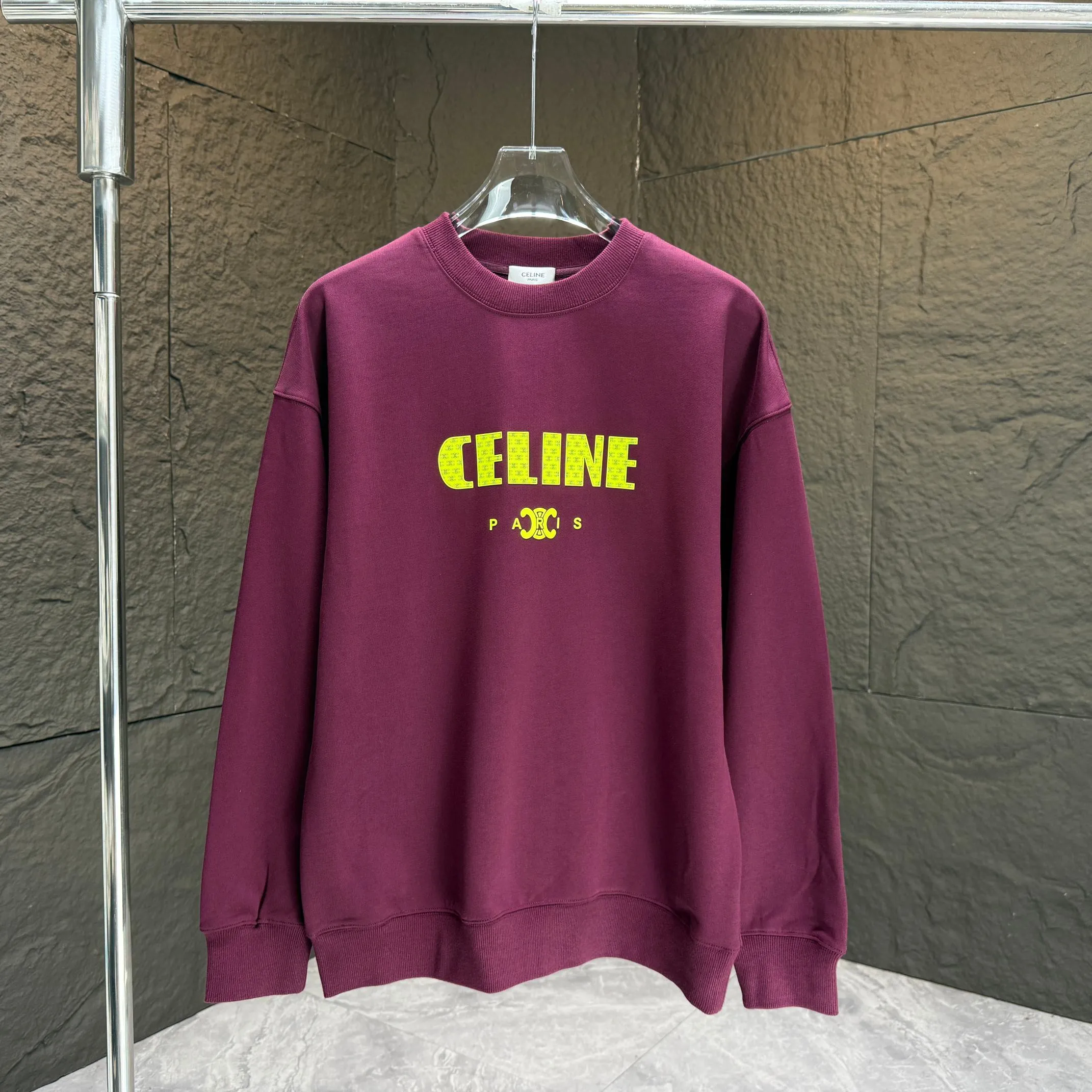 🅿️250 CELIN* 2025 autumn and winter new round neck sweatshirt 400g terry cotton letter logo three-dimensional silicone Color: Black White Purple Gray Size: S M L XL XXL