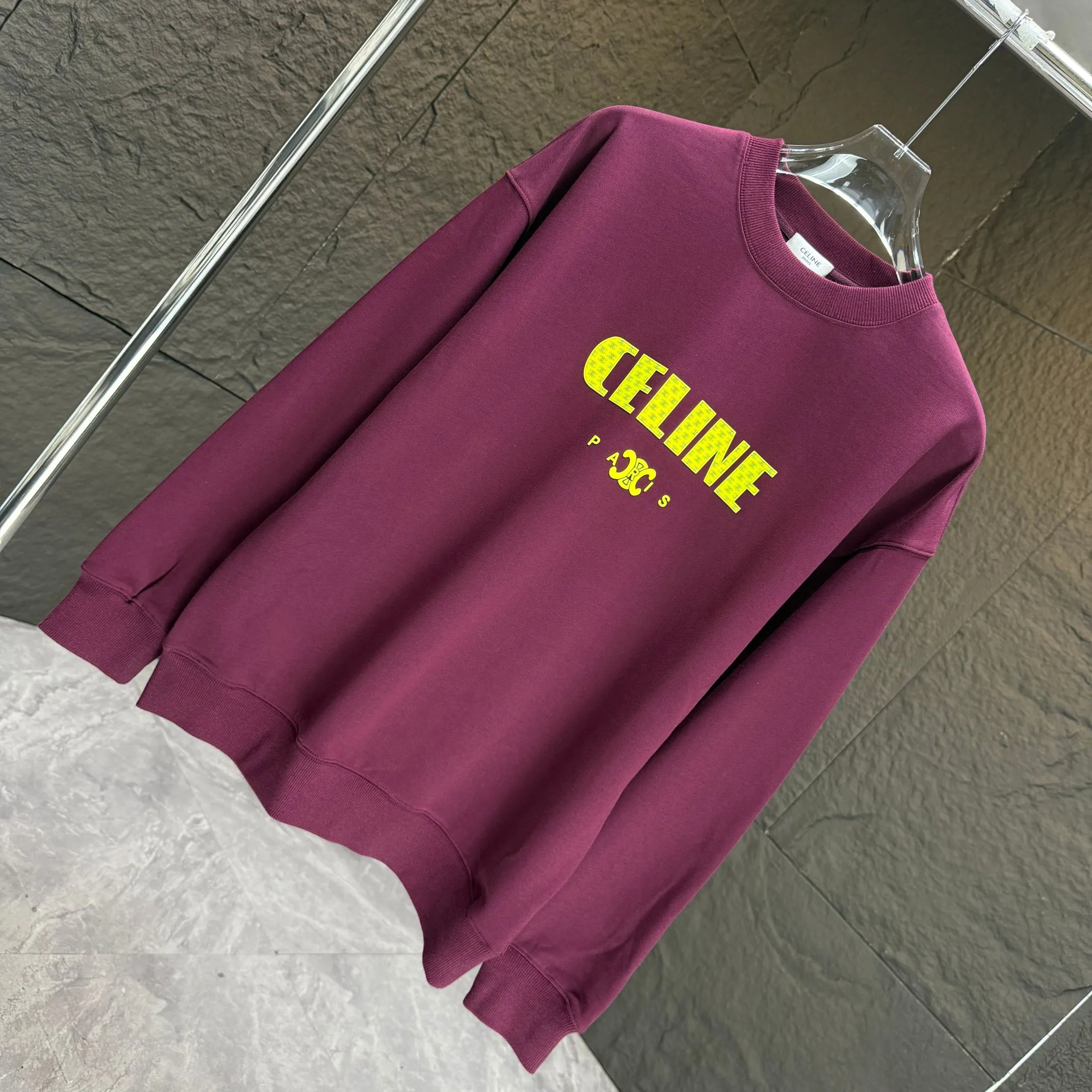 🅿️250 CELIN* 2025 autumn and winter new round neck sweatshirt 400g terry cotton letter logo three-dimensional silicone Color: Black White Purple Gray Size: S M L XL XXL