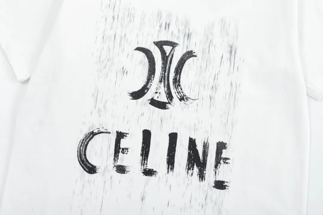 🅿️170 high version Celine Celine 2025 new style customized 310g double yarn pure cotton fabric hand-painted graffiti letter logo same style for men and women short-sleeved T-shirt Color: White Size: S-XL