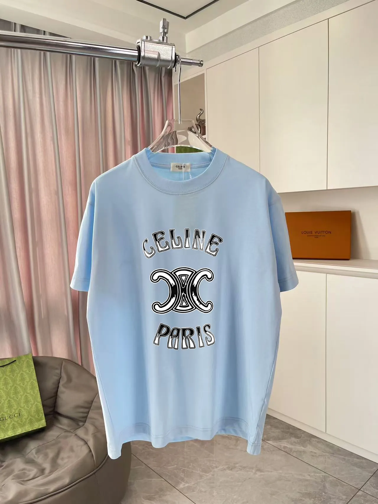🅿️170 Celine 2025 summer new style personalized letter logo printing customized fabric 300g short-sleeved T-shirt for men and women size: S M L XL XXL five sizes color: black white pink sky blue