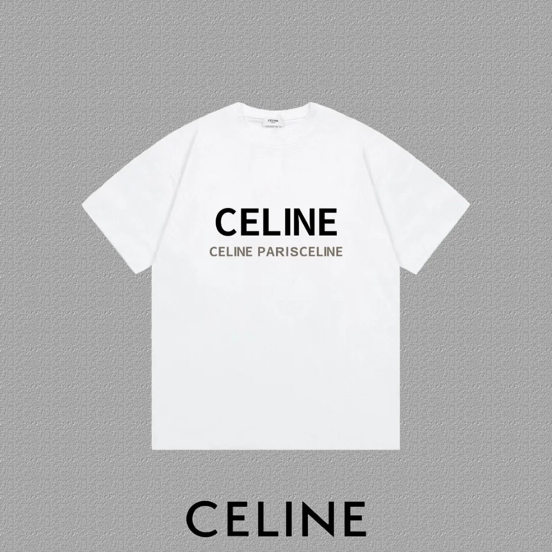 🅿️170 ✨🔥 [CELINE] 2025FW short-sleeved T-shirt, letter LOGO printing, high-end 26s double yarn 300g fabric, heavy fabric, custom stretcher rib, same vat and dye, complete three standards, same style for men and women, color: black, white, gray, size: S M L XL 2XL