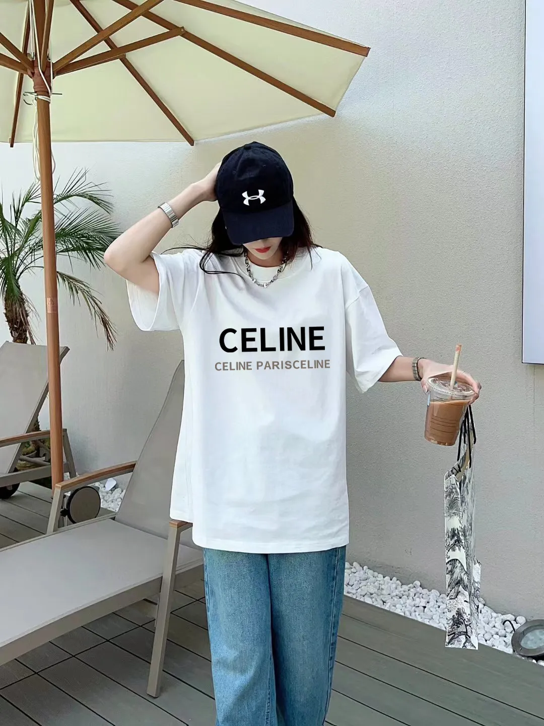🅿️170 ✨🔥 [CELINE] 2025FW short-sleeved T-shirt, letter LOGO printing, high-end 26s double yarn 300g fabric, heavy fabric, custom stretcher rib, same vat and dye, complete three standards, same style for men and women, color: black, white, gray, size: S M L XL 2XL