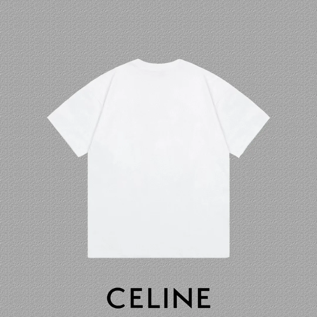 🅿️170 ✨🔥 [CELINE] 2025FW short-sleeved T-shirt, flocked line letter LOGO, high-end 26s double yarn 300g fabric, heavy fabric, custom stretcher rib, same cylinder and dye, complete three standards, same style for men and women, color: black, white, size: S M L XL 2XL