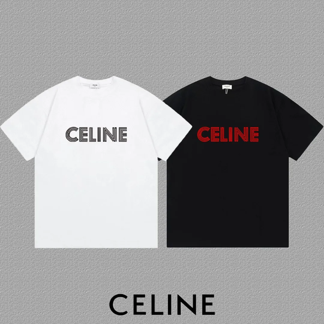 🅿️170 ✨🔥 [CELINE] 2025FW short-sleeved T-shirt, flocked line letter LOGO, high-end 26s double yarn 300g fabric, heavy fabric, custom stretcher rib, same cylinder and dye, complete three standards, same style for men and women, color: black, white, size: S M L XL 2XL