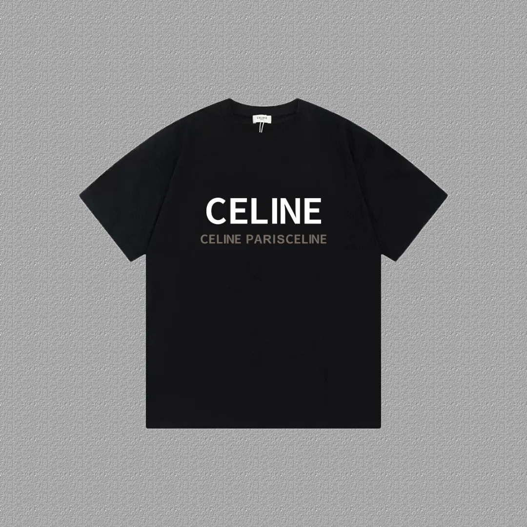 🅿️170 ✨🔥 [CELINE] 2025FW short-sleeved T-shirt, letter LOGO printing, high-end 26s double yarn 300g fabric, heavy fabric, custom stretcher rib, same vat and dye, complete three standards, same style for men and women, color: black, white, gray, size: S M L XL 2XL