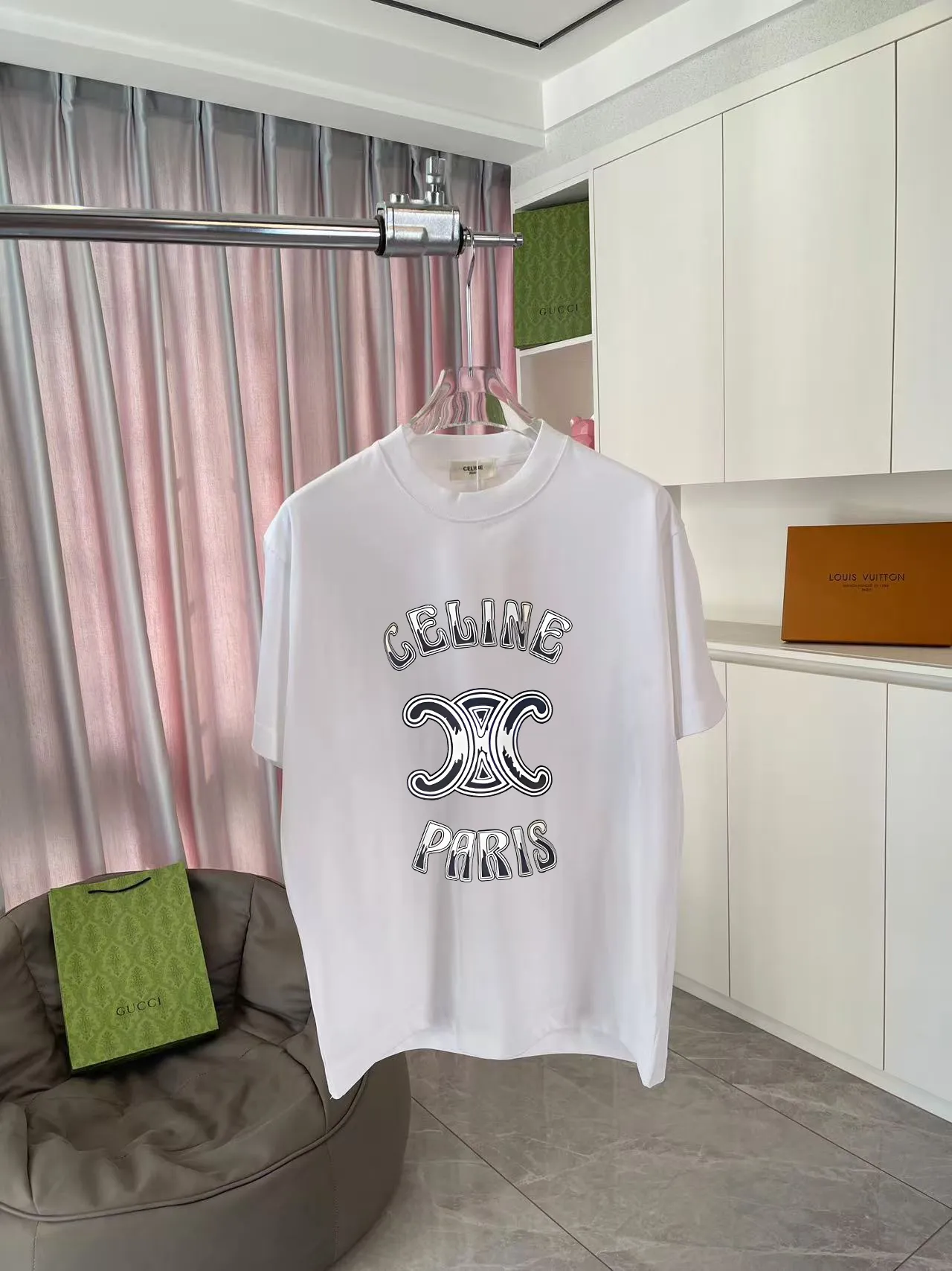 🅿️170 Celine 2025 summer new style personalized letter logo printing customized fabric 300g short-sleeved T-shirt for men and women size: S M L XL XXL five sizes color: black white pink sky blue