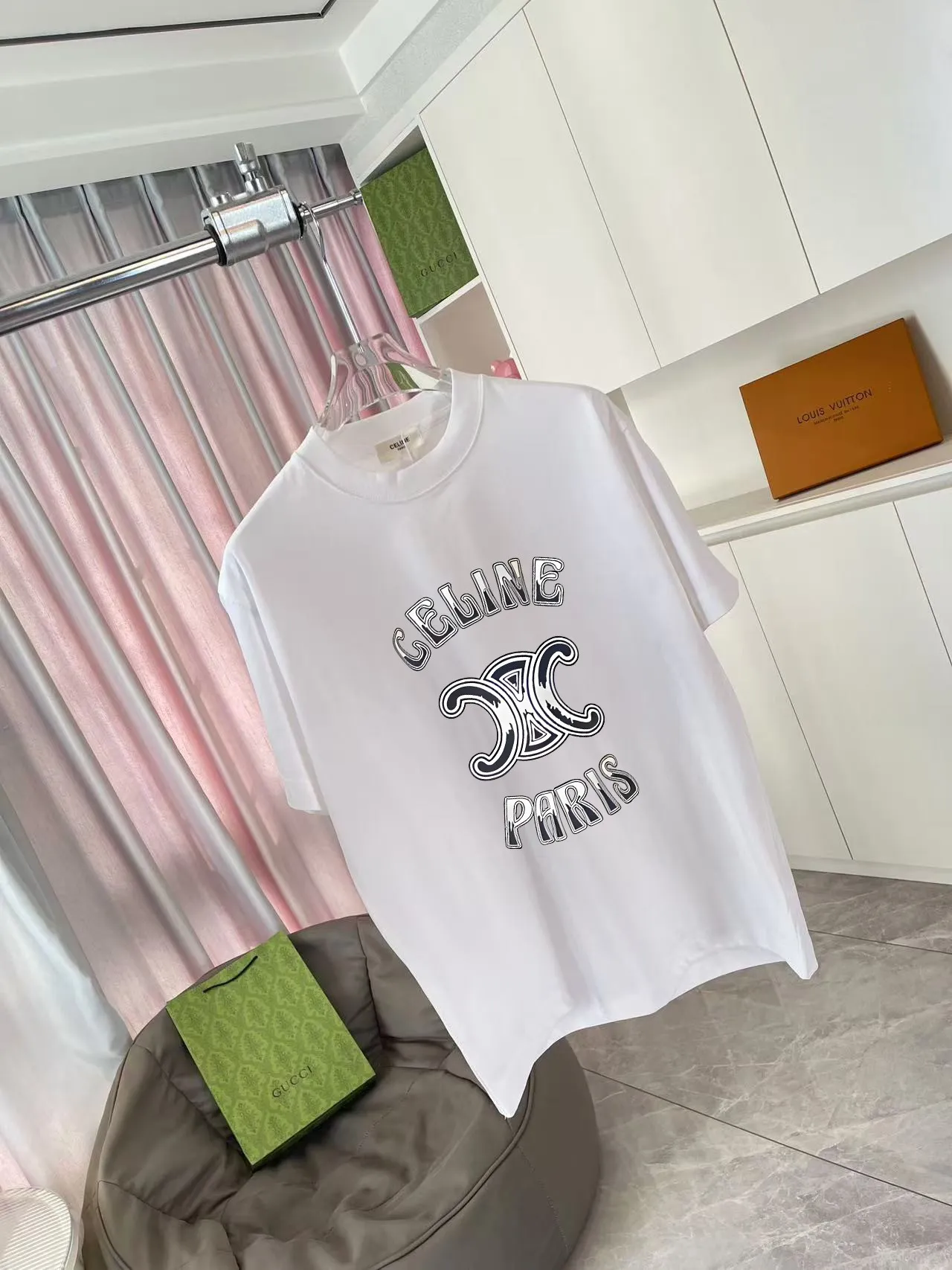 🅿️170 Celine 2025 summer new style personalized letter logo printing customized fabric 300g short-sleeved T-shirt for men and women size: S M L XL XXL five sizes color: black white pink sky blue
