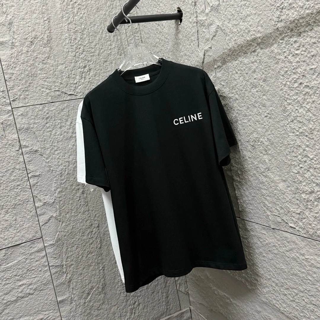 🅿️180 Celi* Celine 2025 spring and summer style Simple letter embroidery personalized logo Customized double yarn plain cotton fabric Short-sleeved T-shirt Unisex Size: S (90-130 catties) M (120-150 catties) L (140-165 catties) XL (160-180 catties) XXL (180-210 catties) Color: black white