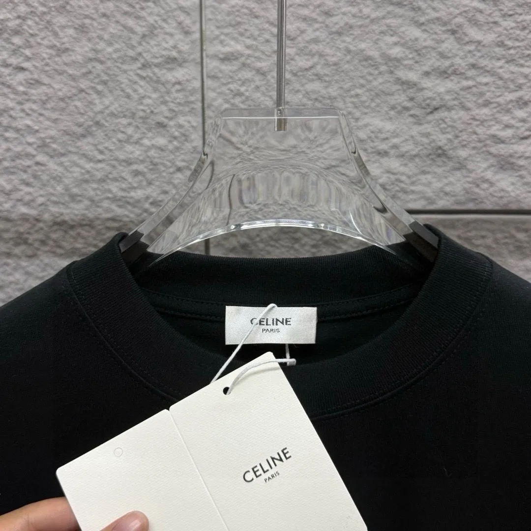 🅿️180 Celi* Celine 2025 spring and summer style Simple letter embroidery personalized logo Customized double yarn plain cotton fabric Short-sleeved T-shirt Unisex Size: S (90-130 catties) M (120-150 catties) L (140-165 catties) XL (160-180 catties) XXL (180-210 catties) Color: black white