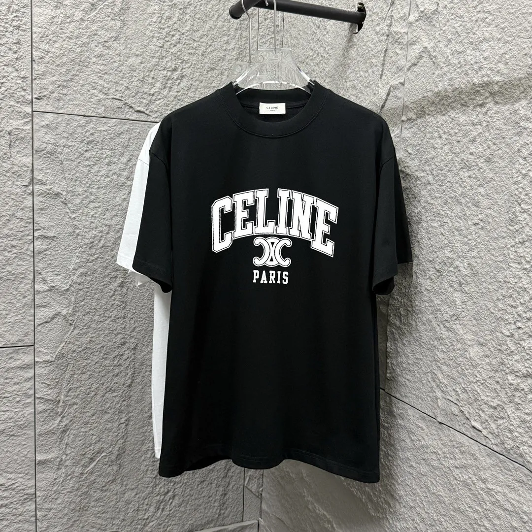 🅿️180 Celi* Celi Celin 2025 spring and summer style Simple letter printing personalized logo Customized double yarn plain cotton fabric Short-sleeved T-shirt Unisex Size: S (90-130 catties) M (120-150 catties) L (140-165 catties) XL (160-180 catties) XXL (180-210 catties) Color: black white