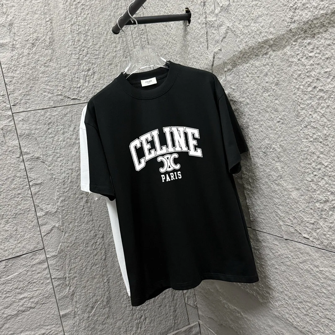 🅿️180 Celi* Celi Celin 2025 spring and summer style Simple letter printing personalized logo Customized double yarn plain cotton fabric Short-sleeved T-shirt Unisex Size: S (90-130 catties) M (120-150 catties) L (140-165 catties) XL (160-180 catties) XXL (180-210 catties) Color: black white