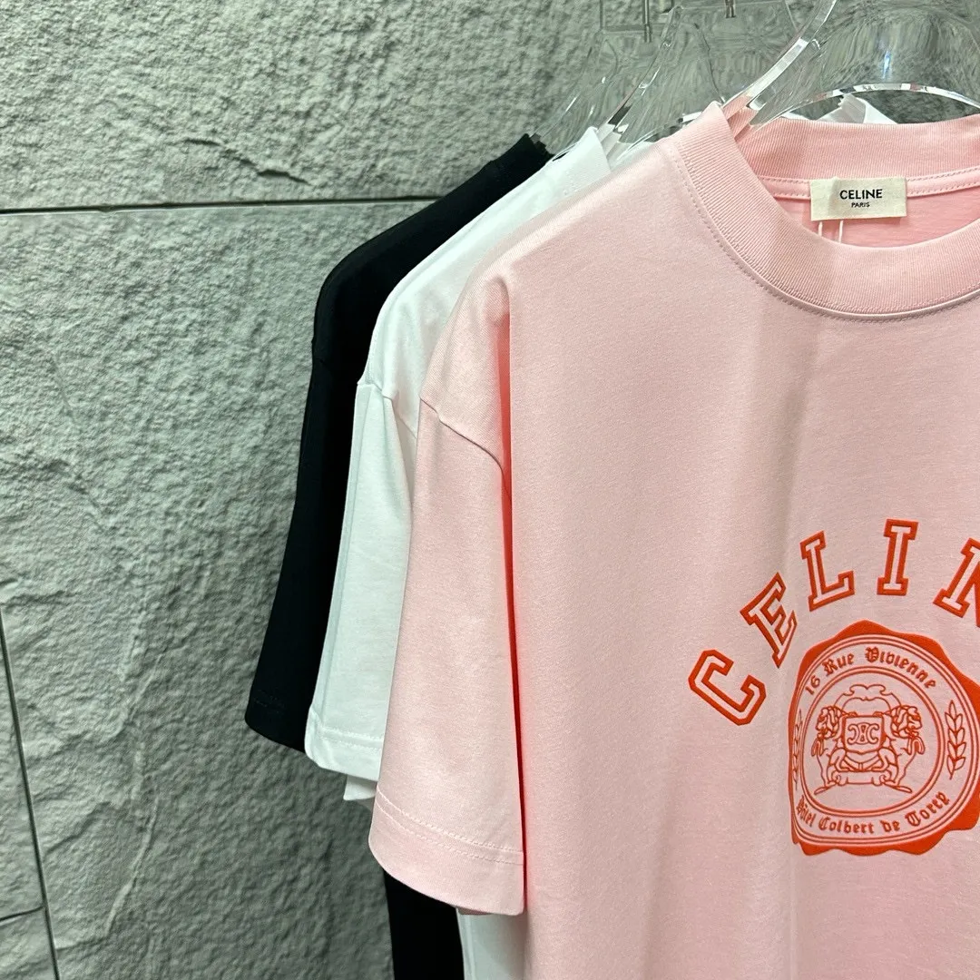 🅿️180 Celi* Celine 2025 spring and summer style Simple letter flocking process personalized logo Customized double yarn plain cotton fabric Short-sleeved T-shirt Unisex Size: S (90-130 catties) M (120-150 catties) L (140-165 catties) XL (160-180 catties) XXL (180-210 catties) Color: black white light pink