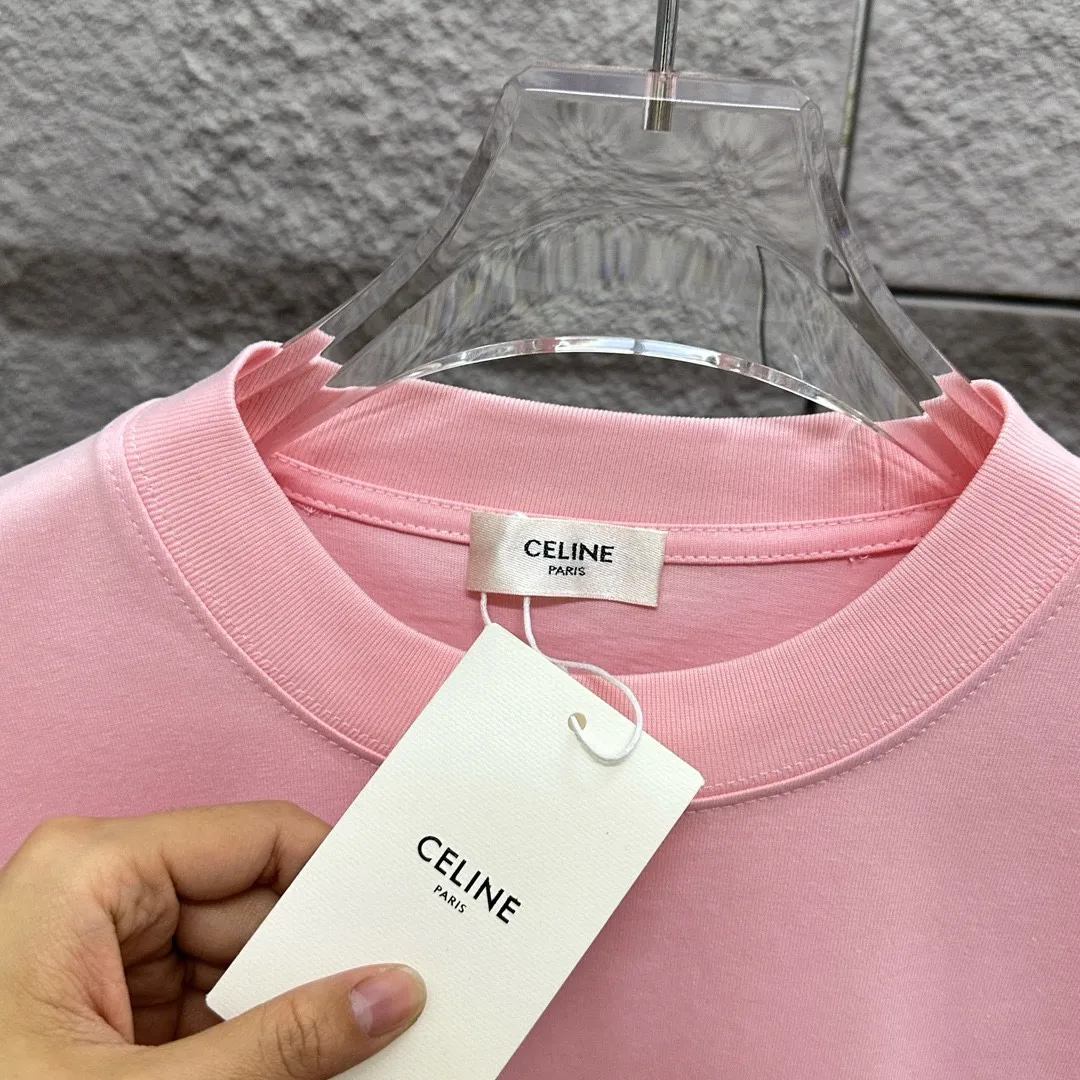 🅿️180 Celi* Celine 2025 spring and summer style Simple letter flocking process personalized logo Customized double yarn plain cotton fabric Short-sleeved T-shirt Unisex Size: S (90-130 catties) M (120-150 catties) L (140-165 catties) XL (160-180 catties) XXL (180-210 catties) Color: black white light pink