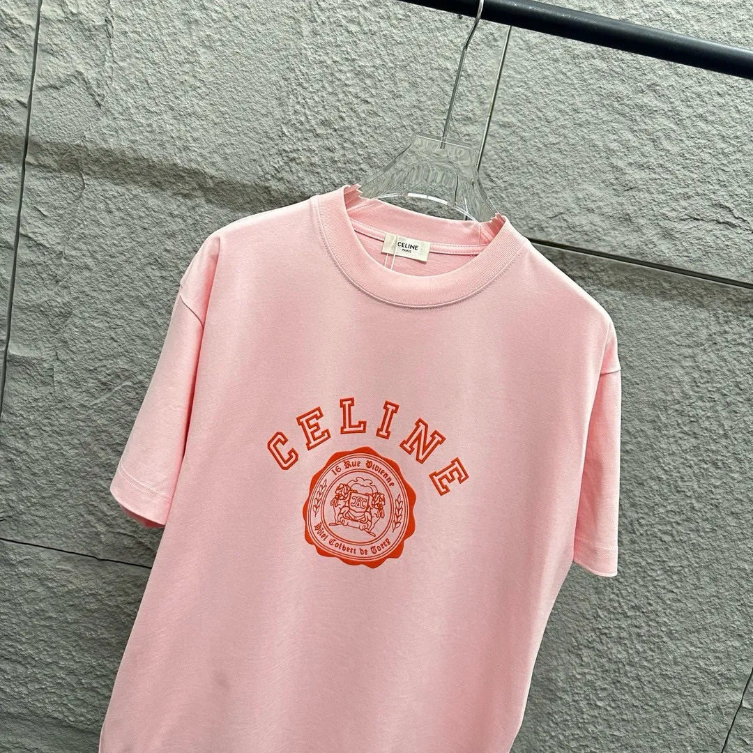🅿️180 Celi* Celine 2025 spring and summer style Simple letter flocking process personalized logo Customized double yarn plain cotton fabric Short-sleeved T-shirt Unisex Size: S (90-130 catties) M (120-150 catties) L (140-165 catties) XL (160-180 catties) XXL (180-210 catties) Color: black white light pink