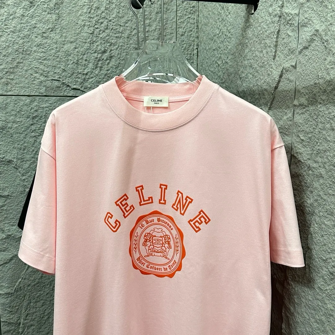🅿️180 Celi* Celine 2025 spring and summer style Simple letter flocking process personalized logo Customized double yarn plain cotton fabric Short-sleeved T-shirt Unisex Size: S (90-130 catties) M (120-150 catties) L (140-165 catties) XL (160-180 catties) XXL (180-210 catties) Color: black white light pink