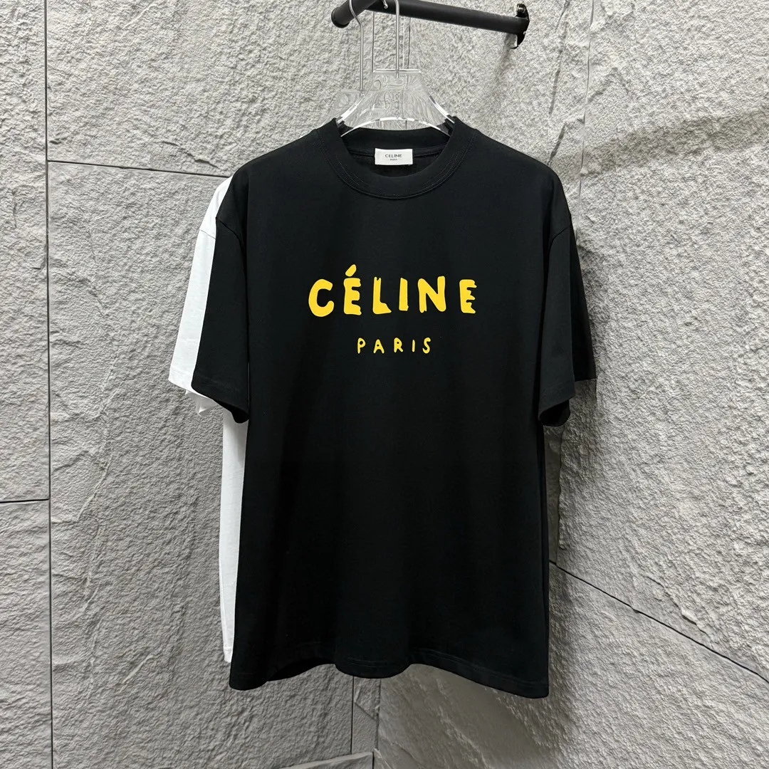 🅿️180 Celi*ne Celi*ne 2025 spring and summer style Simple colorful letters Flocking technology Personalized logo Customized double yarn plain cotton fabric Short-sleeved T-shirt Unisex Size: S (90-130 catties) M (120-150 catties) L (140-165 catties) XL (160-180 catties) XXL (180-210 pounds) Color: black white