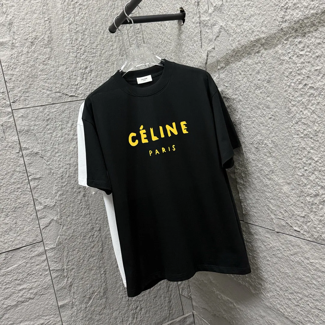 🅿️180 Celi*ne Celi*ne 2025 spring and summer style Simple colorful letters Flocking technology Personalized logo Customized double yarn plain cotton fabric Short-sleeved T-shirt Unisex Size: S (90-130 catties) M (120-150 catties) L (140-165 catties) XL (160-180 catties) XXL (180-210 pounds) Color: black white