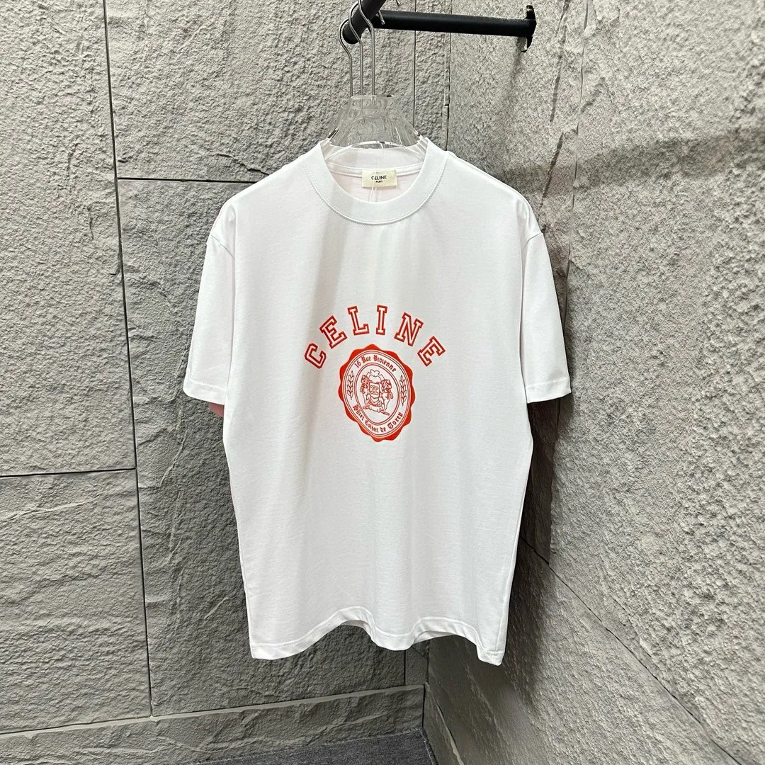 🅿️180 Celi* Celine 2025 spring and summer style Simple letter flocking process personalized logo Customized double yarn plain cotton fabric Short-sleeved T-shirt Unisex Size: S (90-130 catties) M (120-150 catties) L (140-165 catties) XL (160-180 catties) XXL (180-210 catties) Color: black white light pink