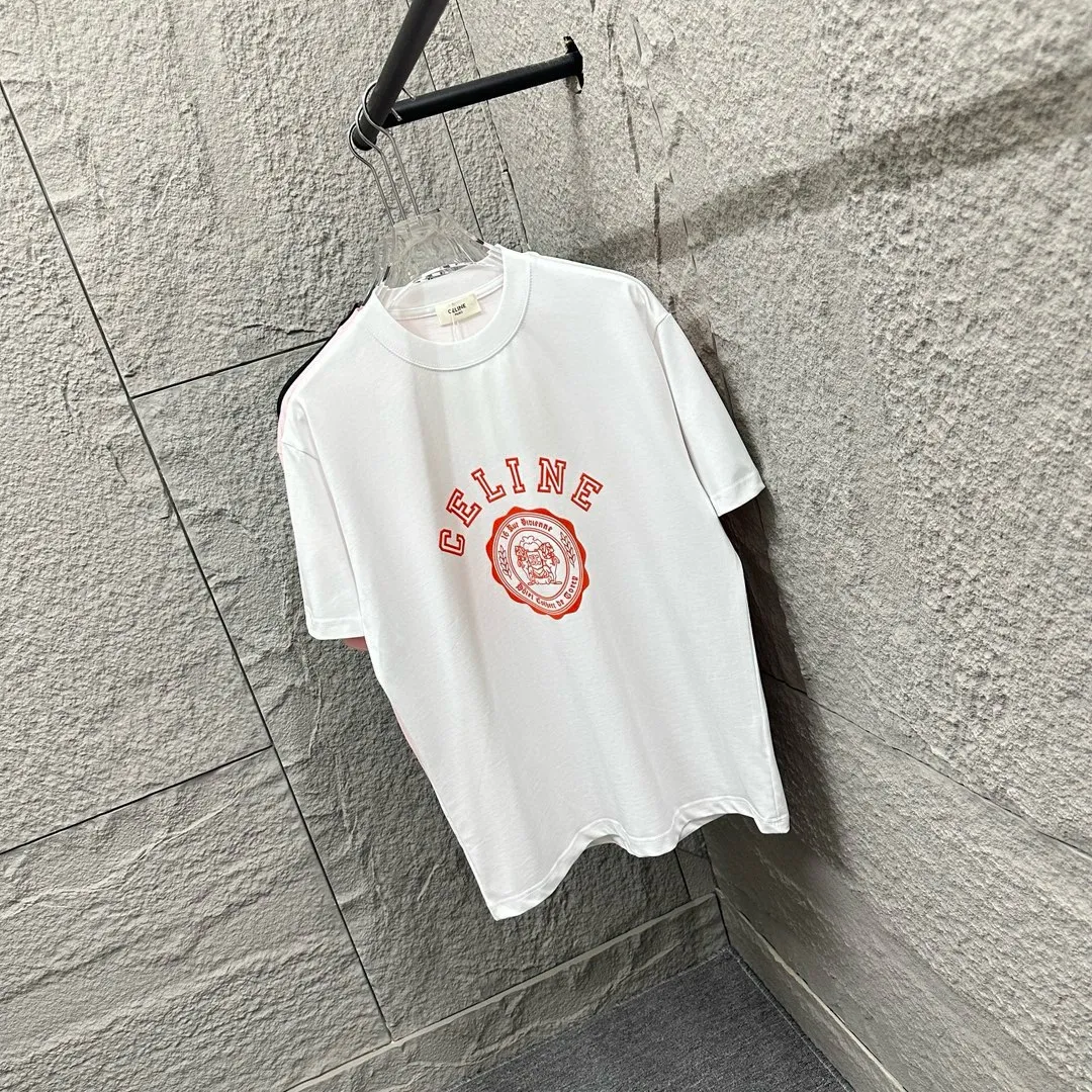 🅿️180 Celi* Celine 2025 spring and summer style Simple letter flocking process personalized logo Customized double yarn plain cotton fabric Short-sleeved T-shirt Unisex Size: S (90-130 catties) M (120-150 catties) L (140-165 catties) XL (160-180 catties) XXL (180-210 catties) Color: black white light pink