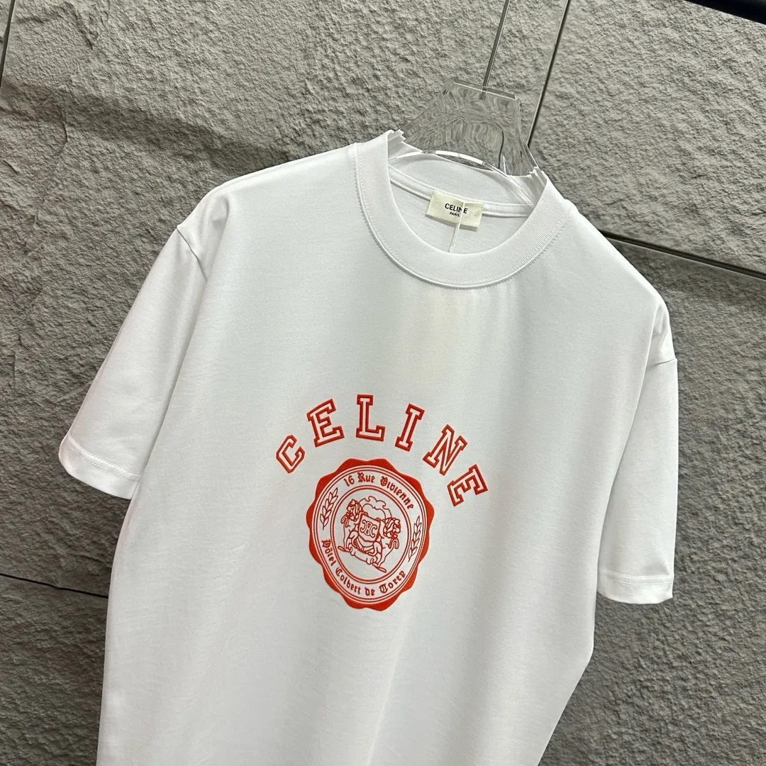 🅿️180 Celi* Celine 2025 spring and summer style Simple letter flocking process personalized logo Customized double yarn plain cotton fabric Short-sleeved T-shirt Unisex Size: S (90-130 catties) M (120-150 catties) L (140-165 catties) XL (160-180 catties) XXL (180-210 catties) Color: black white light pink