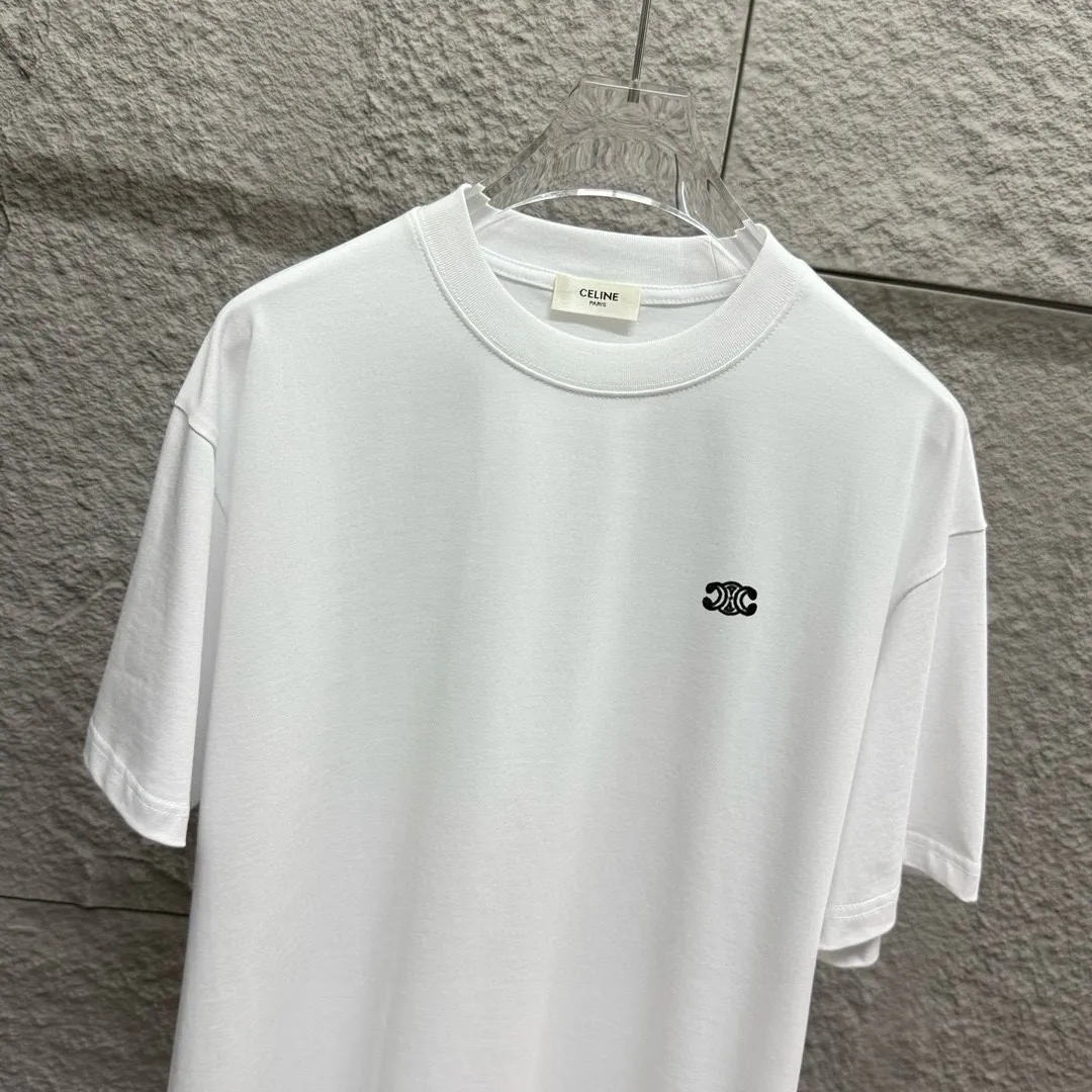🅿️180 Celi* Celi Celin 2025 Spring and Summer Style Simple letter small embroidery personalized logo Customized double yarn plain cotton fabric Short-sleeved T-shirt Uniform for men and women Color: Black White Angora Red Floral Gray Size: S (90-130 catties) M (120-150 catties) L (140-165 catties) XL (160-180 pounds) XXL (180-210 pounds)