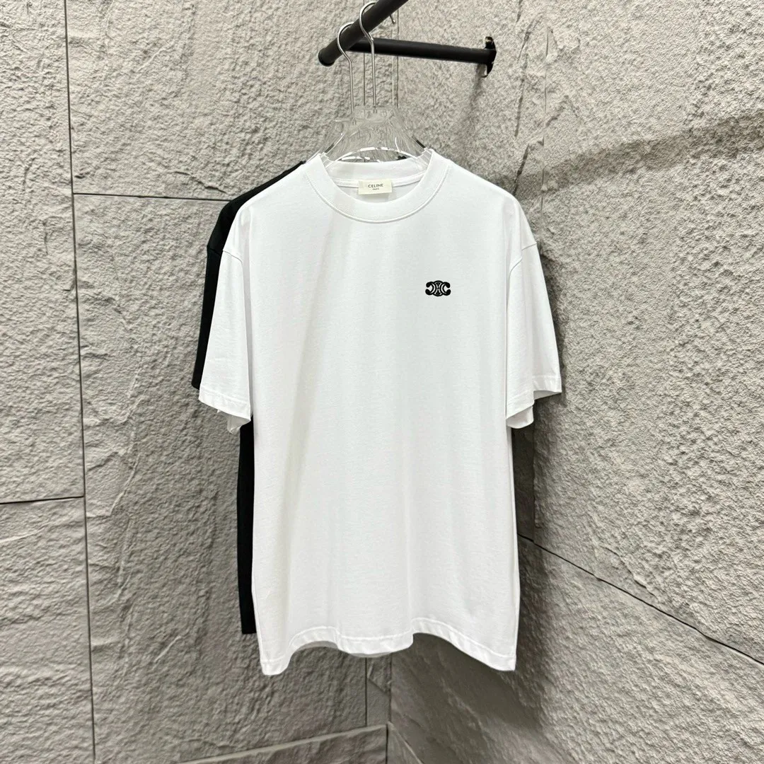 🅿️180 Celi* Celi Celin 2025 Spring and Summer Style Simple letter small embroidery personalized logo Customized double yarn plain cotton fabric Short-sleeved T-shirt Uniform for men and women Color: Black White Angora Red Floral Gray Size: S (90-130 catties) M (120-150 catties) L (140-165 catties) XL (160-180 pounds) XXL (180-210 pounds)