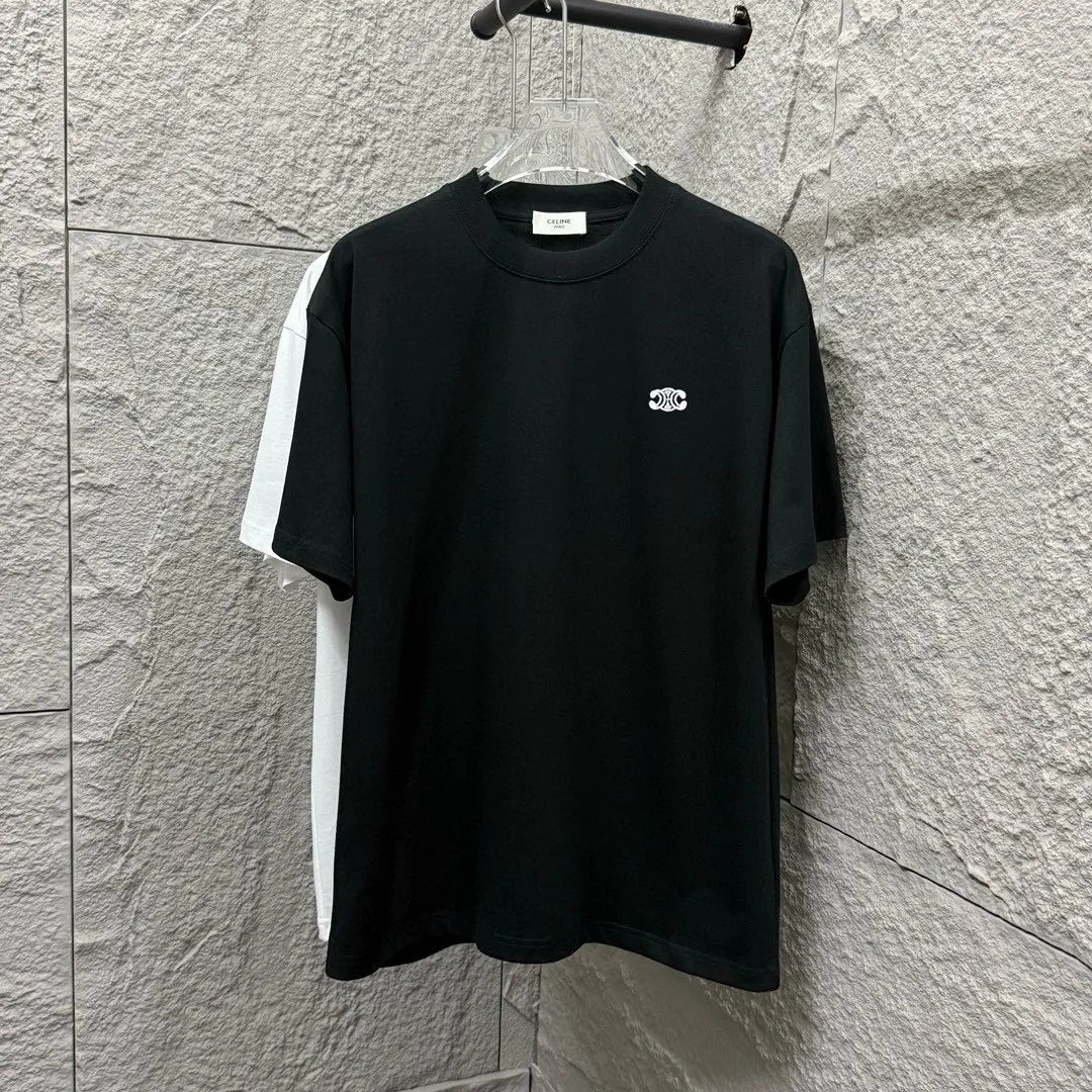 🅿️180 Celi* Celi Celin 2025 Spring and Summer Style Simple letter small embroidery personalized logo Customized double yarn plain cotton fabric Short-sleeved T-shirt Uniform for men and women Color: Black White Angora Red Floral Gray Size: S (90-130 catties) M (120-150 catties) L (140-165 catties) XL (160-180 pounds) XXL (180-210 pounds)