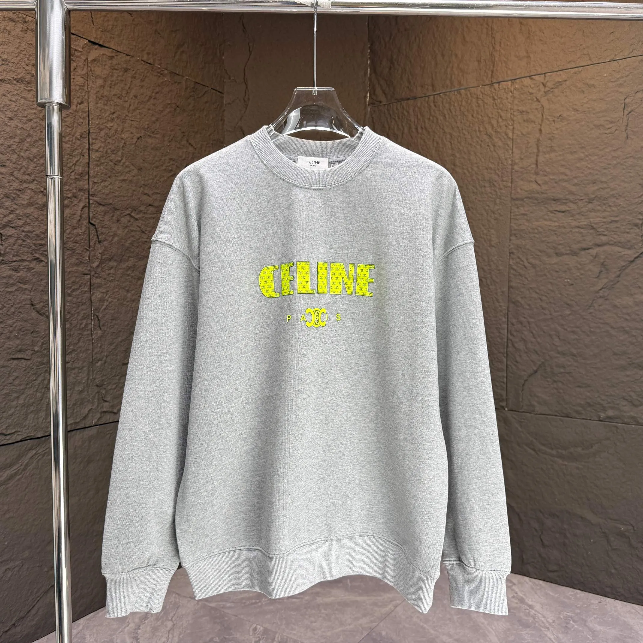 🅿️250 CELIN* 2025 autumn and winter new round neck sweatshirt 400g terry cotton letter logo three-dimensional silicone Color: Black White Purple Gray Size: S M L XL XXL