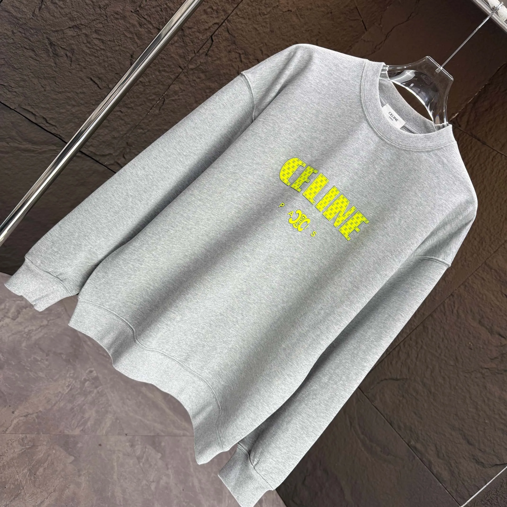 🅿️250 CELIN* 2025 autumn and winter new round neck sweatshirt 400g terry cotton letter logo three-dimensional silicone Color: Black White Purple Gray Size: S M L XL XXL