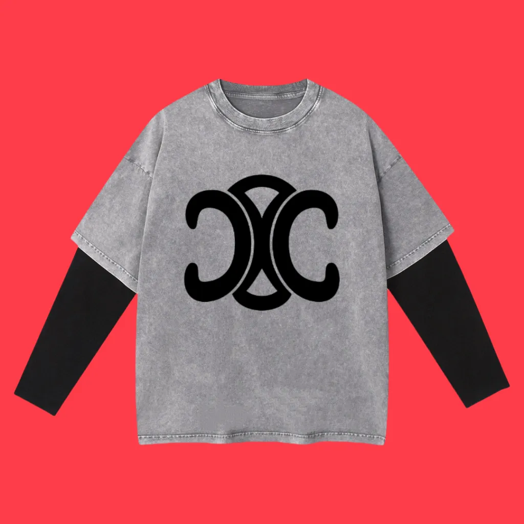 🅿️240 (cooperation profit) High-end quality CELINE 2025SS spring and summer wear fake two-piece washed snowflake series Arc de Triomphe fake two-piece long T-shirt Adopt imported Kornit digital direct-injection printing High-quality trendy brand 100% cotton washed 260G fabric dyed ready-made garments dyed ➕washed fried snowflake OS loose off-shoulder version Unisex size: S.M.L.XL.2XL