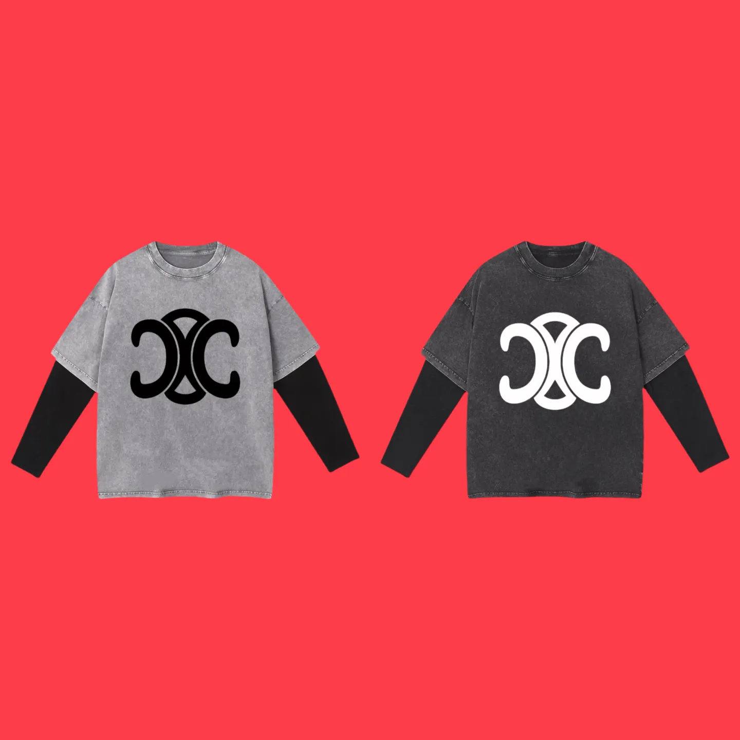 🅿️240 (cooperation profit) High-end quality CELINE 2025SS spring and summer wear fake two-piece washed snowflake series Arc de Triomphe fake two-piece long T-shirt Adopt imported Kornit digital direct-injection printing High-quality trendy brand 100% cotton washed 260G fabric dyed ready-made garments dyed ➕washed fried snowflake OS loose off-shoulder version Unisex size: S.M.L.XL.2XL