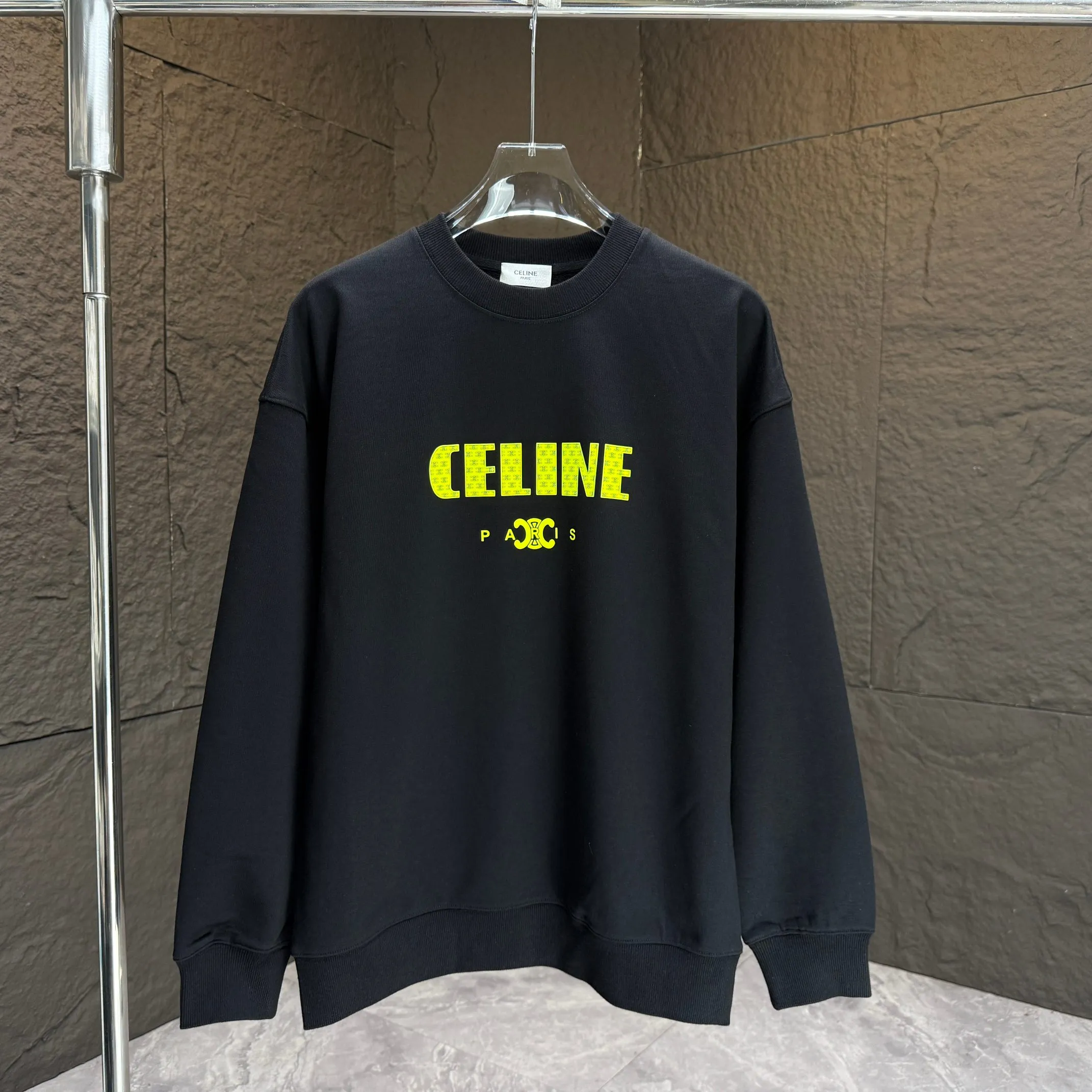 🅿️250 CELIN* 2025 autumn and winter new round neck sweatshirt 400g terry cotton letter logo three-dimensional silicone Color: Black White Purple Gray Size: S M L XL XXL