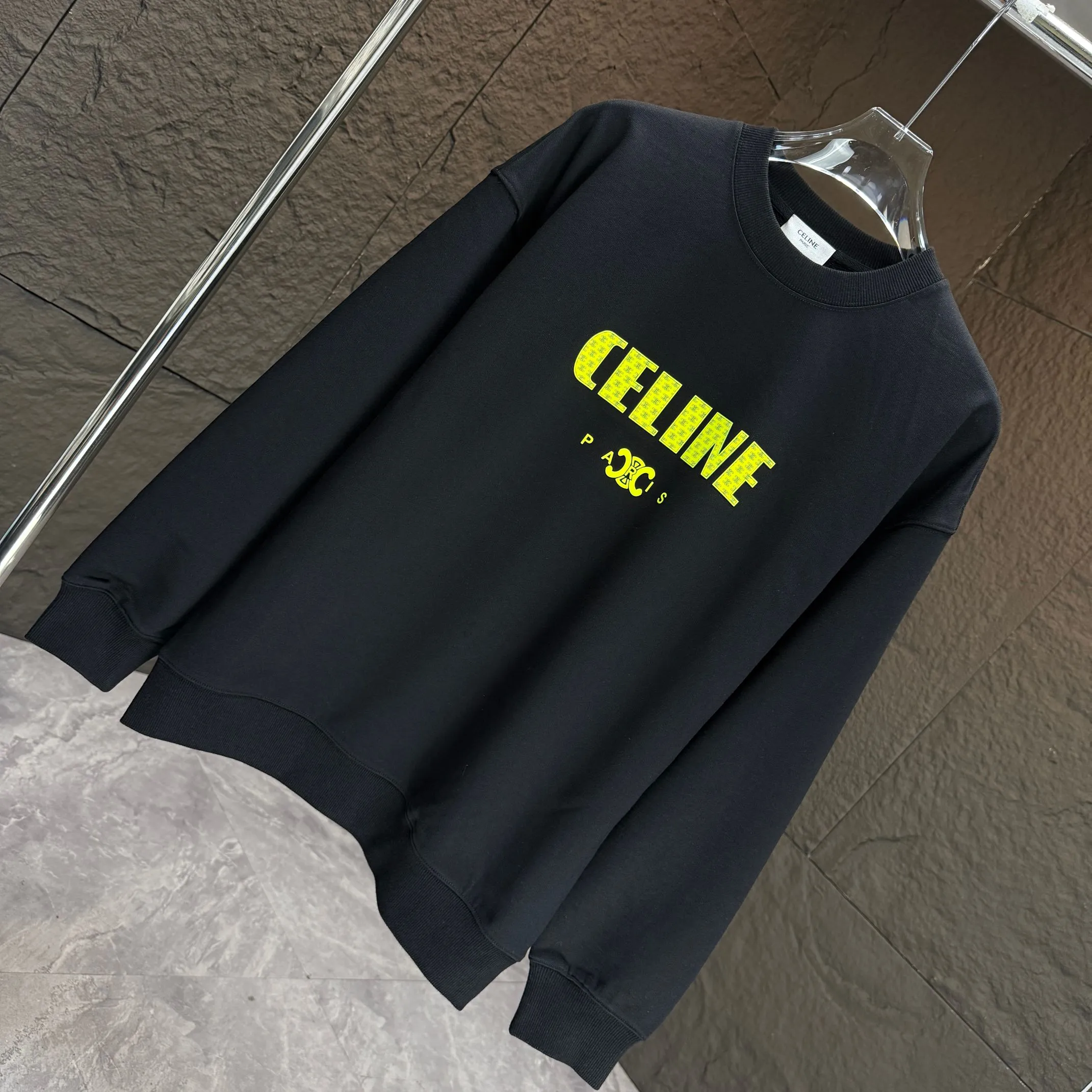 🅿️250 CELIN* 2025 autumn and winter new round neck sweatshirt 400g terry cotton letter logo three-dimensional silicone Color: Black White Purple Gray Size: S M L XL XXL