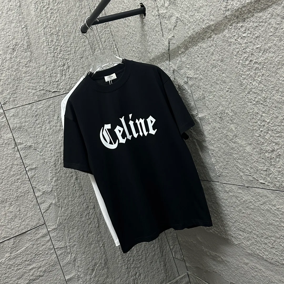 🅿️180 Celi* Celine 2025 spring and summer style Simple big C letter flocking technology Personalized logo Customized double yarn plain cotton fabric Short-sleeved T-shirt Uniform for men and women Size: S (90-130 catties) M (120-150 catties) L (140-165 catties) XL (160-180 catties) XXL (180-210 pounds) Color: black white