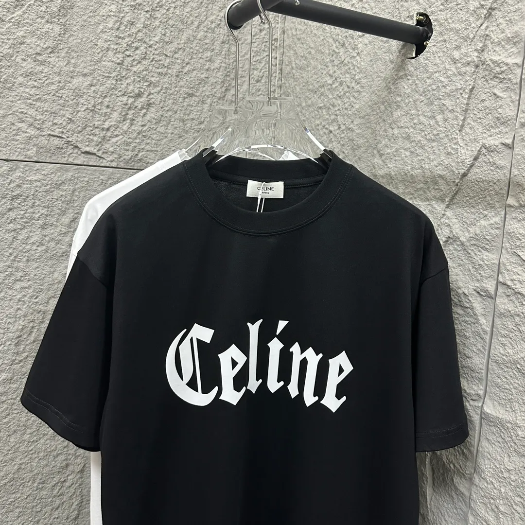 🅿️180 Celi* Celine 2025 spring and summer style Simple big C letter flocking technology Personalized logo Customized double yarn plain cotton fabric Short-sleeved T-shirt Uniform for men and women Size: S (90-130 catties) M (120-150 catties) L (140-165 catties) XL (160-180 catties) XXL (180-210 pounds) Color: black white