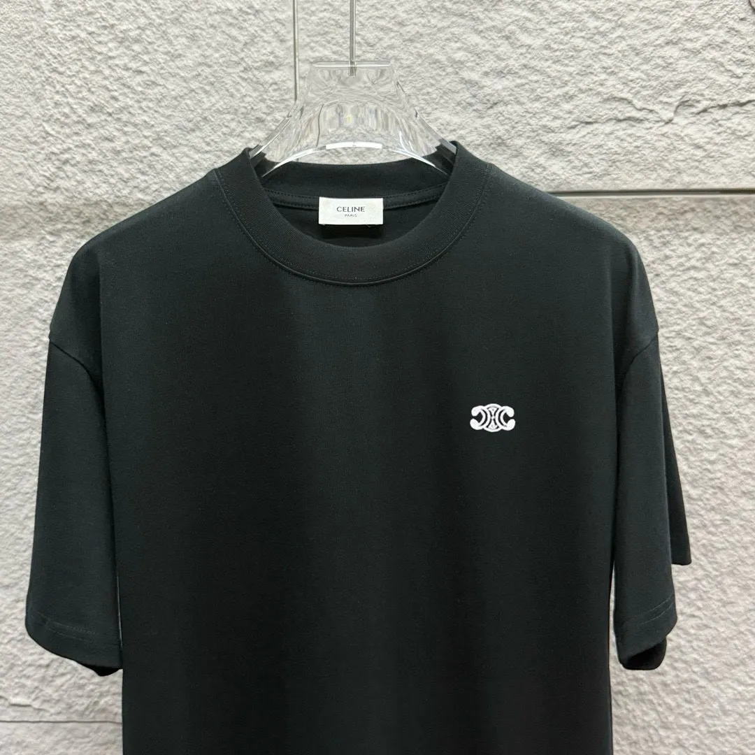 🅿️180 Celi* Celine 2025 Spring and Summer Style Simple letter small embroidery personalized logo Customized double yarn plain cotton fabric Short-sleeved T-shirt Uniform for men and women Color: Black White Angora Red Floral Gray Size: S (90-130 catties) M (120-150 catties) L (140-165 catties) XL (160-180 catties) XXL (180-210 pounds)