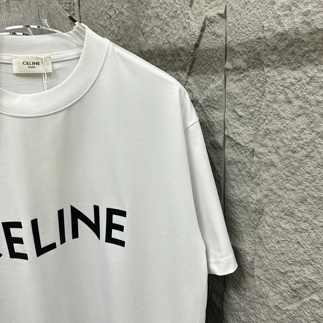 🅿️190 Celine* Celine 2025 Spring and Summer Style Simple letters three-dimensional silicone personalized logo Customized double yarn plain cotton fabric Short-sleeved T-shirt Unisex Size: S (90-130 catties) M (120-150 catties) L (140-165 catties) XL (160-180 catties) XXL (180-210 catties) Color: black white light pink
