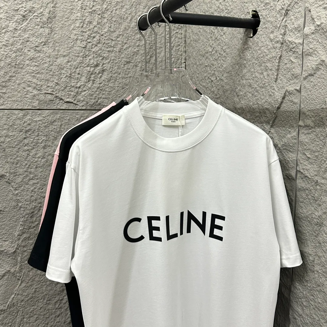 🅿️190 Celine* Celine 2025 Spring and Summer Style Simple letters three-dimensional silicone personalized logo Customized double yarn plain cotton fabric Short-sleeved T-shirt Unisex Size: S (90-130 catties) M (120-150 catties) L (140-165 catties) XL (160-180 catties) XXL (180-210 catties) Color: black white light pink