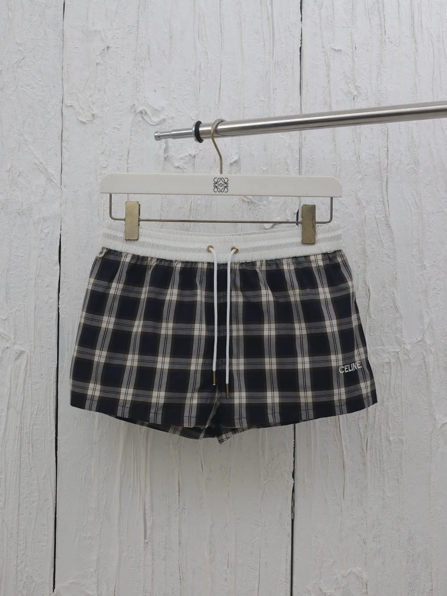 🅿️296 Celine*/Celin 25SS spring and summer new contrast color plaid embroidered elastic shorts Size: 36/38/40