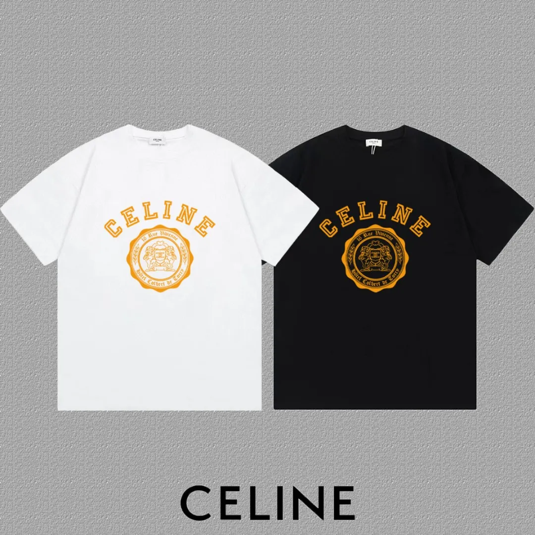 🅿️170 ✨🔥 [CELINE] 2025FW short-sleeved T-shirt, letter LOGO printing, high-end 26s double yarn 300g fabric, heavy fabric, custom stretcher rib, same vat and dye, complete three standards, same style for men and women, color: black, white, size: S M L XL 2XL