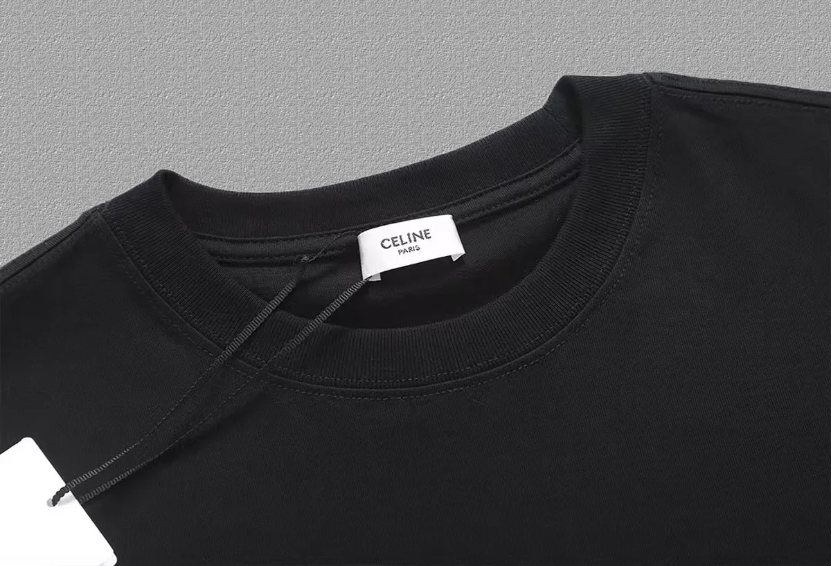 🅿️170 ✨🔥 [CELINE] 2025FW short-sleeved T-shirt, letter LOGO printing, high-end 26s double yarn 300g fabric, heavy fabric, custom stretcher rib, same vat and dye, complete three standards, same style for men and women, color: black, white, size: S M L XL 2XL