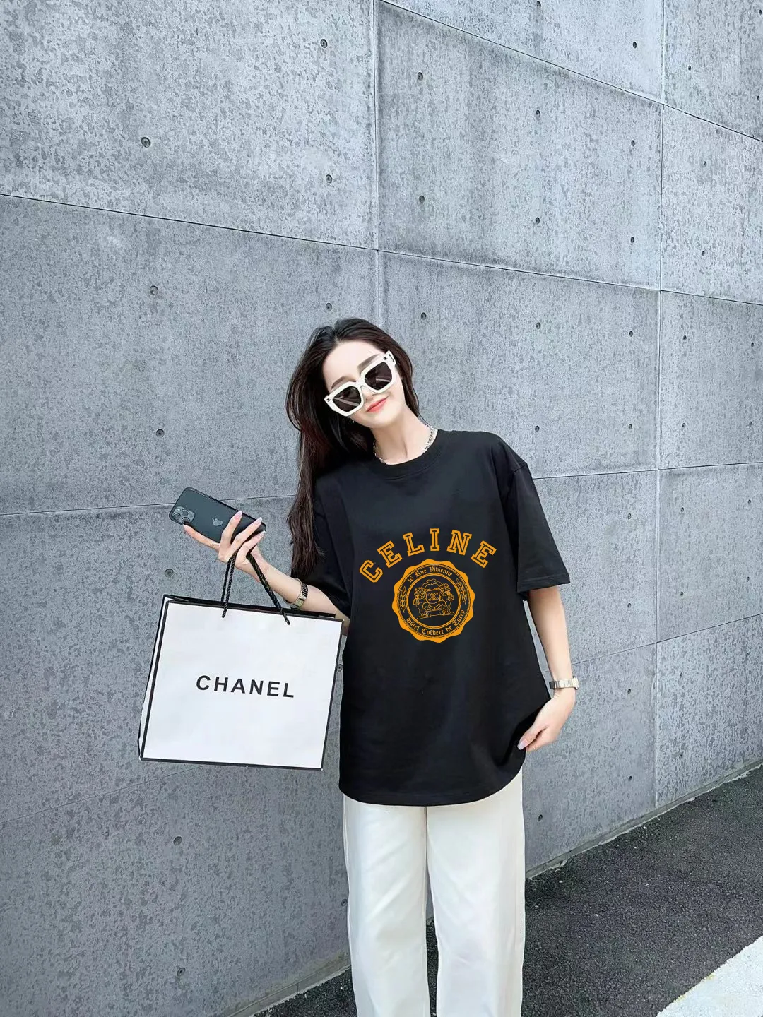 🅿️170 ✨🔥 [CELINE] 2025FW short-sleeved T-shirt, letter LOGO printing, high-end 26s double yarn 300g fabric, heavy fabric, custom stretcher rib, same vat and dye, complete three standards, same style for men and women, color: black, white, size: S M L XL 2XL