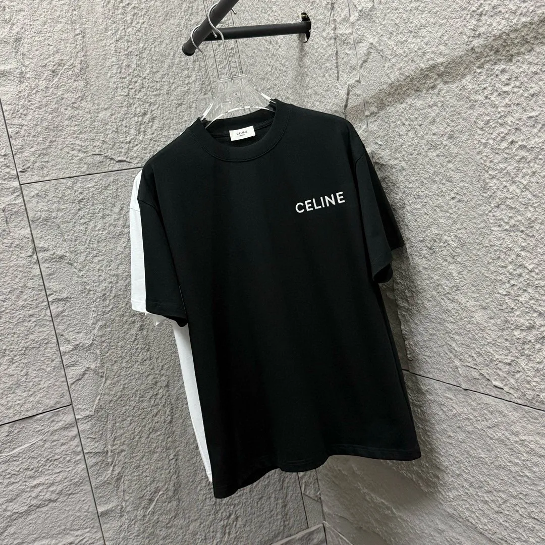 🅿️180 Celi* Celin Celin 2025 spring and summer style Simple letter embroidery personalized logo Customized double yarn plain cotton fabric Short-sleeved T-shirt Uniform for men and women Size: S (90-130 catties) M (120-150 catties) L (140-165 catties) XL (160-180 catties) XXL (180-210 catties) Color: black white