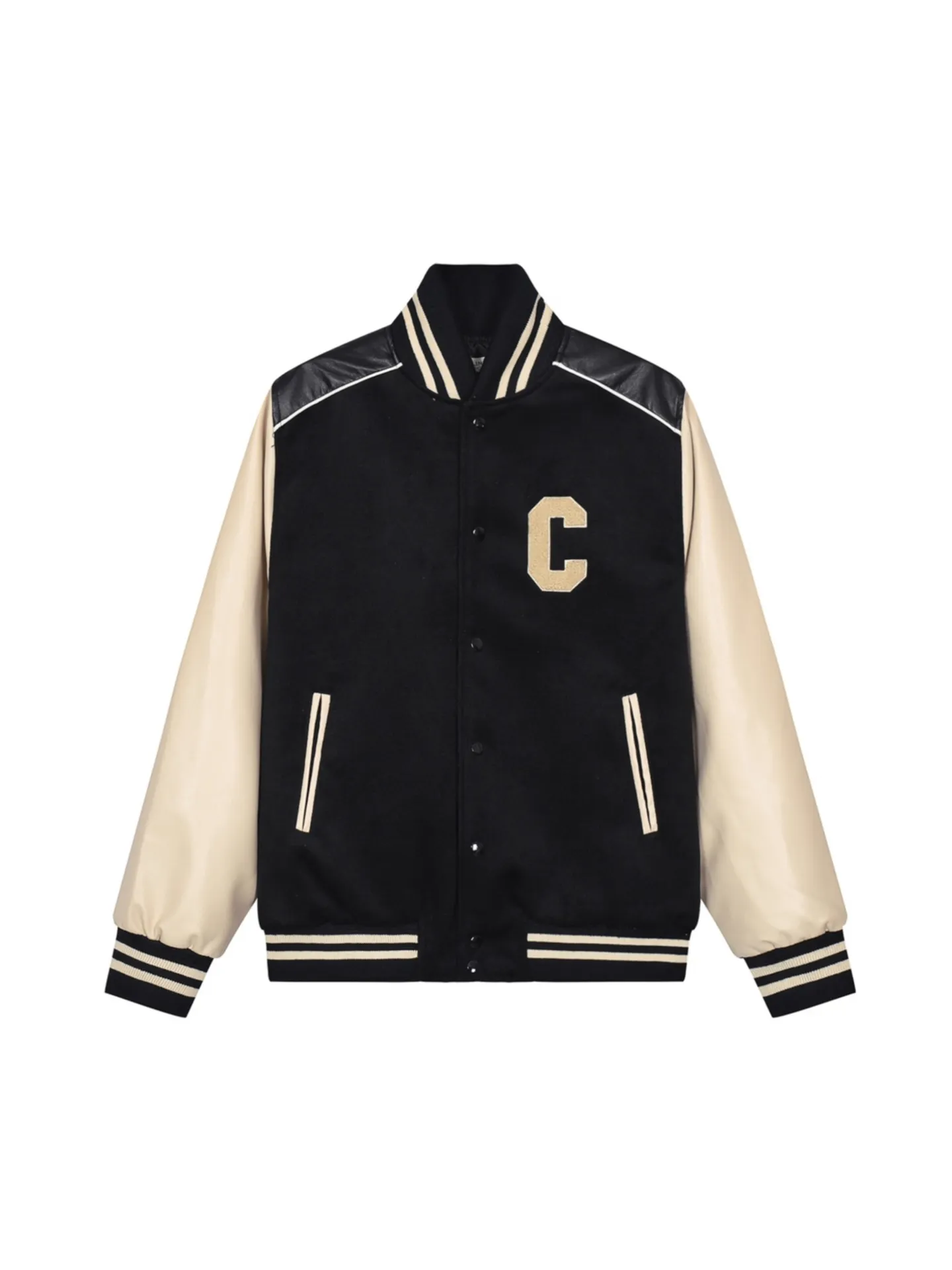 🅿️470 Celine towel embroidered big C leather Teddy baseball jacket, cashmere leather baseball jacket. The fit is crisp and stylish. I also like the small stand-up collar design. It feels comfortable to the touch. The cuff threads are all customized on the flat machine. The back is super-precisely embroidered. The upper body is super beautiful and can be easily controlled by men and women. Color: black Size: XS S M L