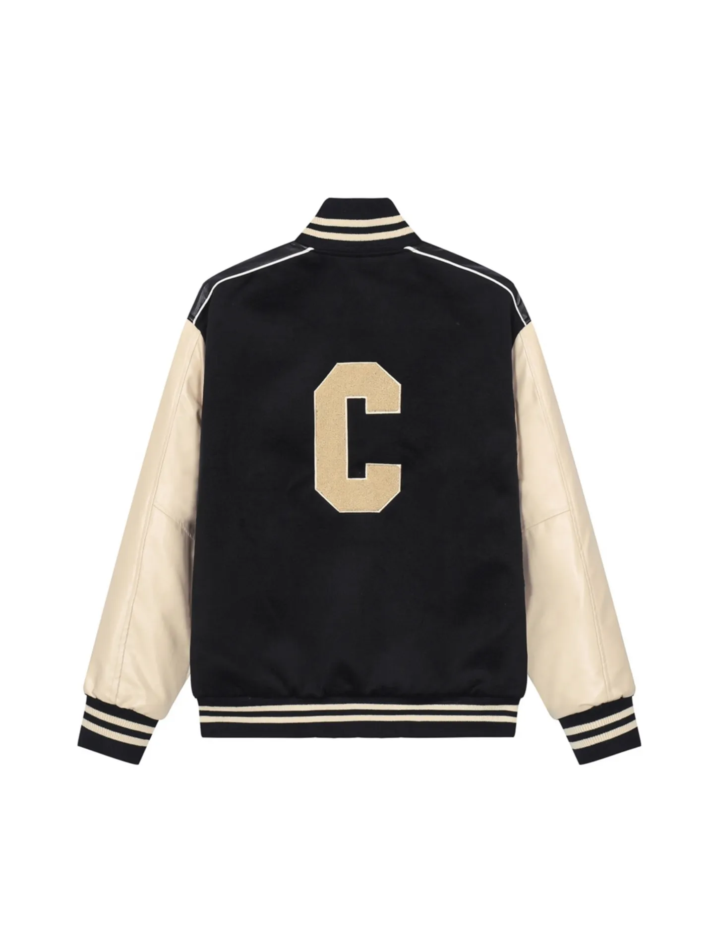 🅿️470 Celine towel embroidered big C leather Teddy baseball jacket, cashmere leather baseball jacket. The fit is crisp and stylish. I also like the small stand-up collar design. It feels comfortable to the touch. The cuff threads are all customized on the flat machine. The back is super-precisely embroidered. The upper body is super beautiful and can be easily controlled by men and women. Color: black Size: XS S M L