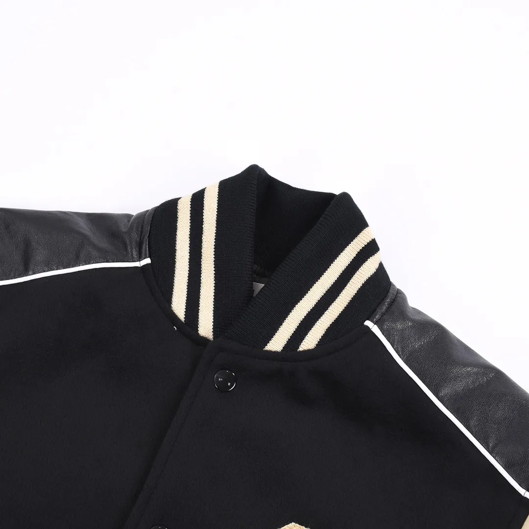 🅿️470 Celine towel embroidered big C leather Teddy baseball jacket, cashmere leather baseball jacket. The fit is crisp and stylish. I also like the small stand-up collar design. It feels comfortable to the touch. The cuff threads are all customized on the flat machine. The back is super-precisely embroidered. The upper body is super beautiful and can be easily controlled by men and women. Color: black Size: XS S M L