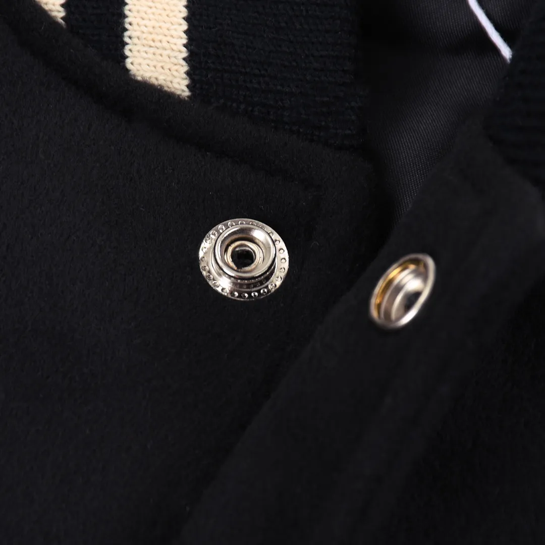🅿️470 Celine towel embroidered big C leather Teddy baseball jacket, cashmere leather baseball jacket. The fit is crisp and stylish. I also like the small stand-up collar design. It feels comfortable to the touch. The cuff threads are all customized on the flat machine. The back is super-precisely embroidered. The upper body is super beautiful and can be easily controlled by men and women. Color: black Size: XS S M L